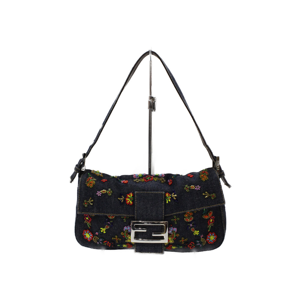 FENDI Mamma Bucket Denim Beaded Embroidery Handbag One Shoulder Hobo